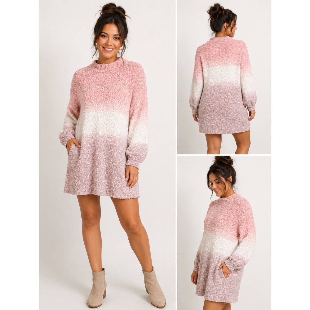 Umgee USA Pink Ombre Popcorn Knit Oversized Tunic Sweater Dress Womens Large